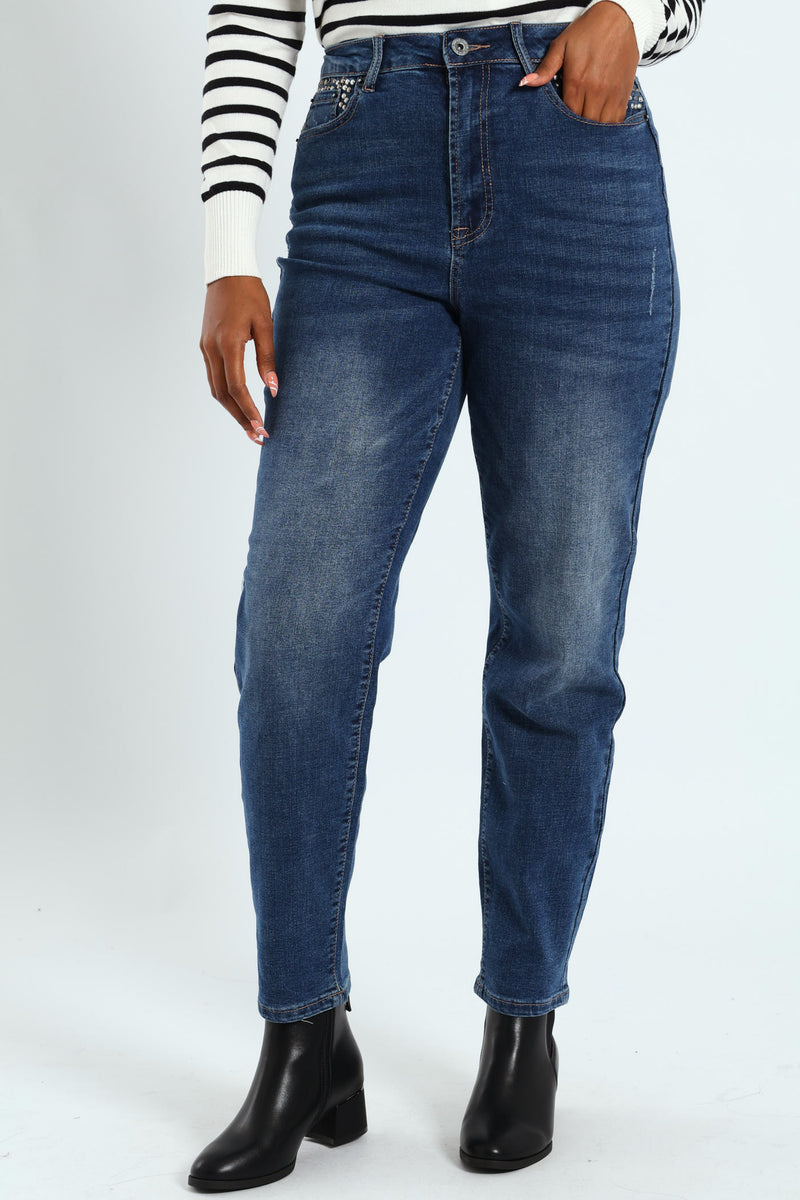 Stud Pocket Crosshatch Mom Jean - Medium Wash