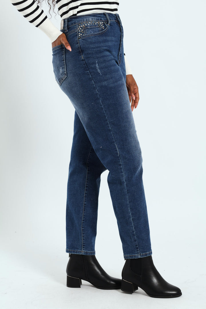 Stud Pocket Crosshatch Mom Jean - Medium Wash