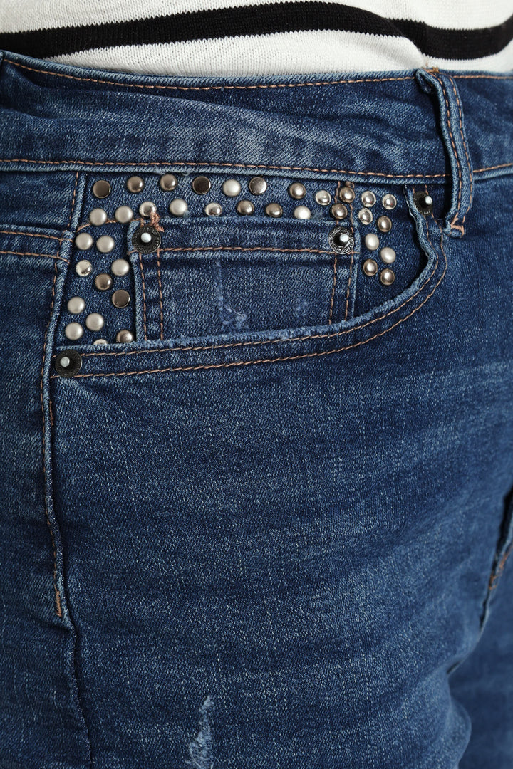Stud Pocket Crosshatch Mom Jean - Medium Wash
