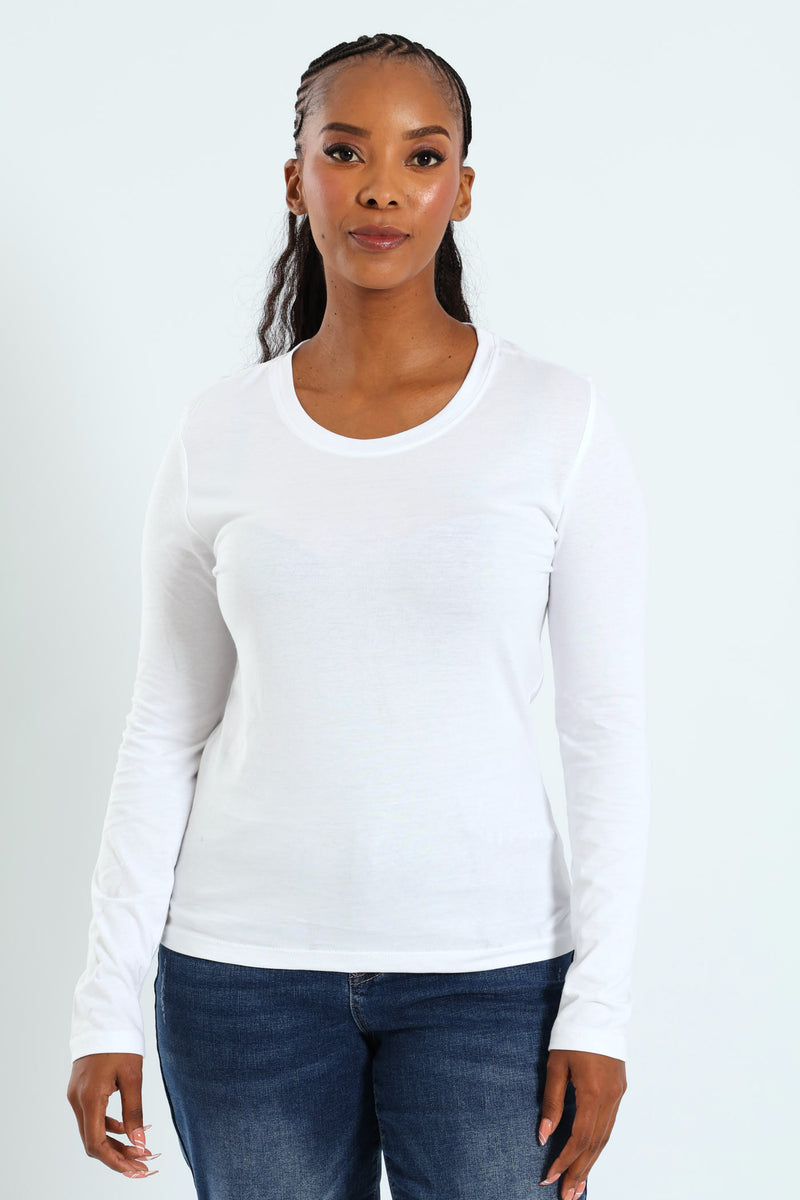 Long Sleeve Cotton Crew Top - White