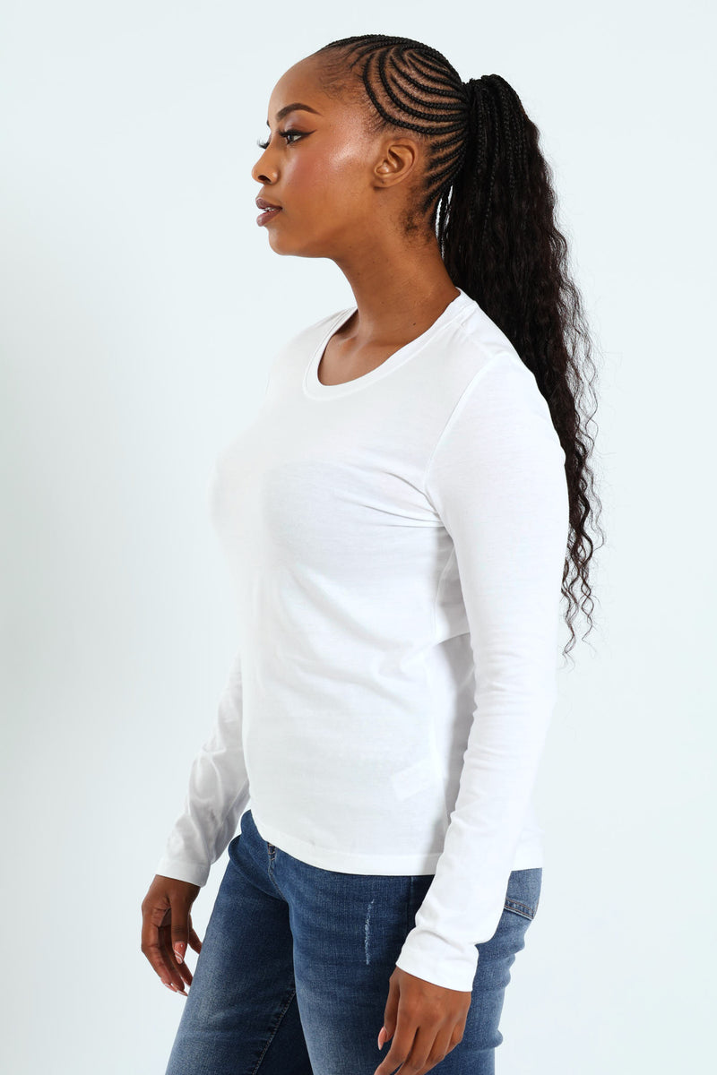Long Sleeve Cotton Crew Top - White