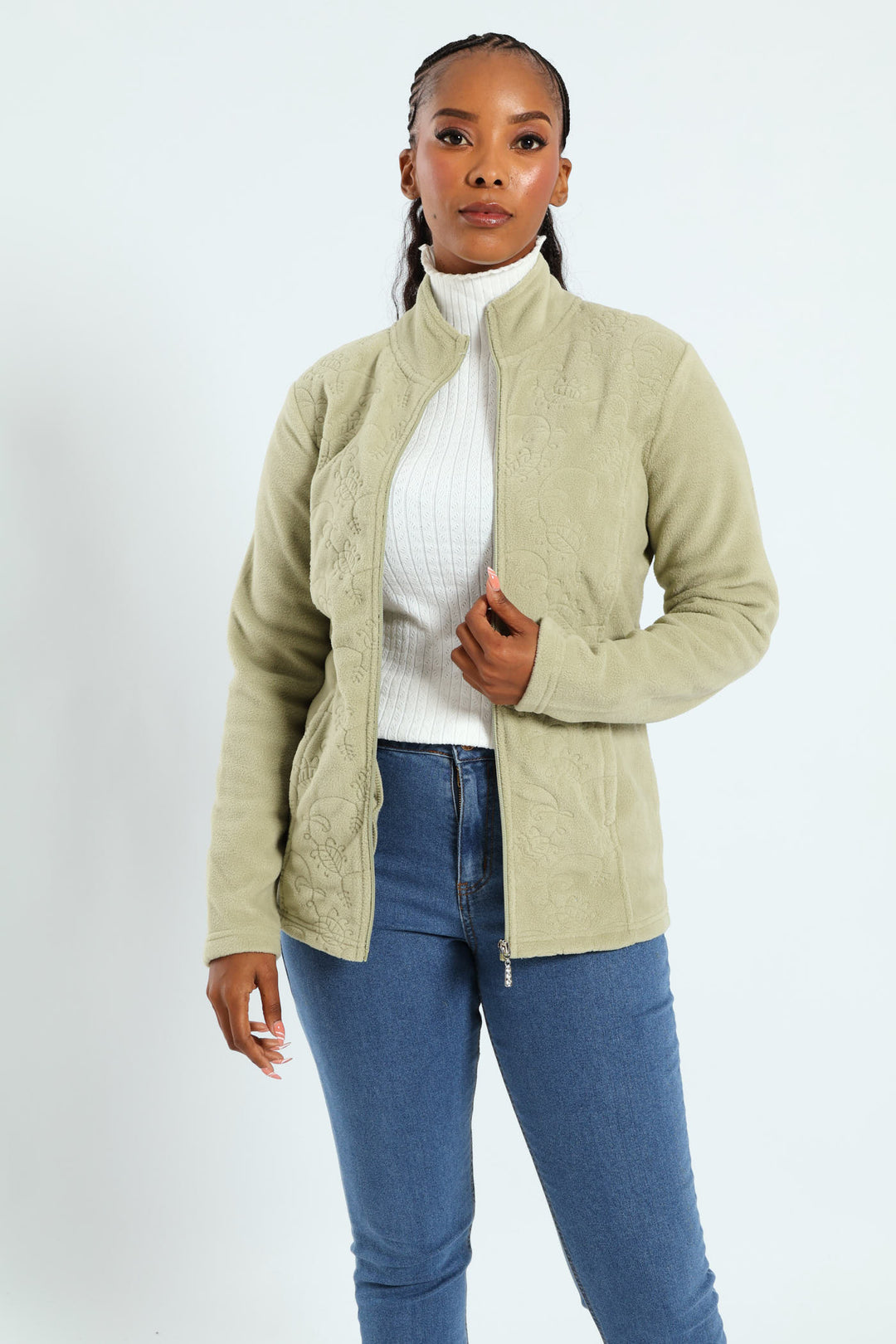 Embroidered Zip Up Polar Fleece Jacket - Pistachio Green