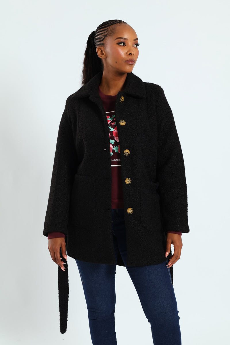 Belted Button Through Boucle Shacket - Black