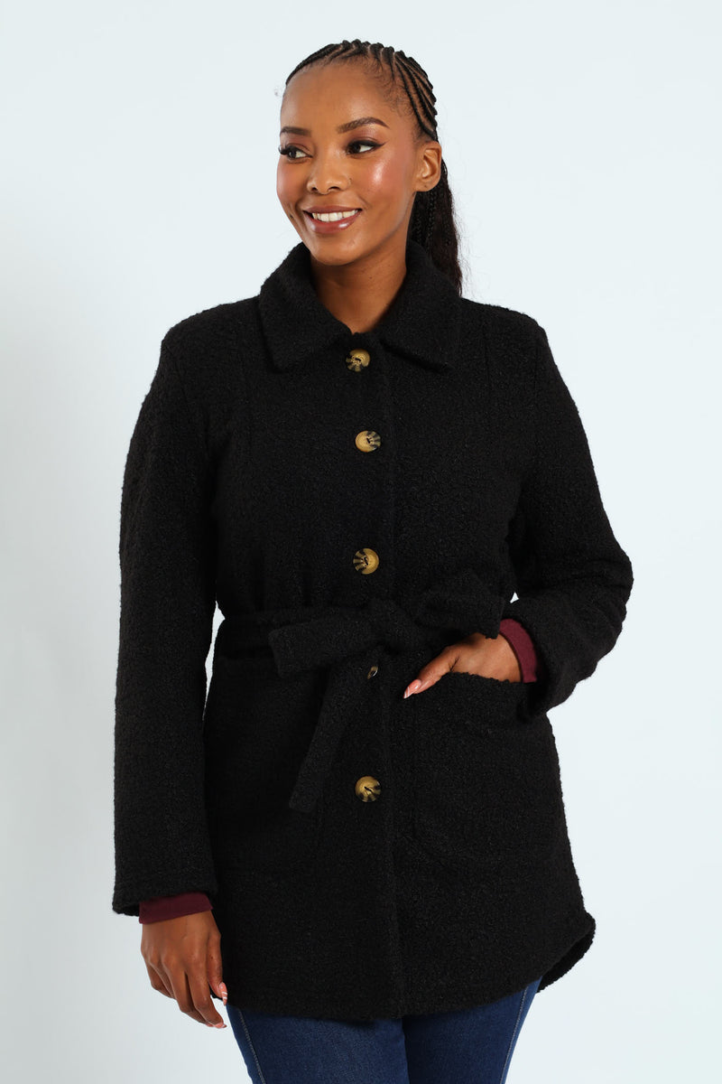 Belted Button Through Boucle Shacket - Black
