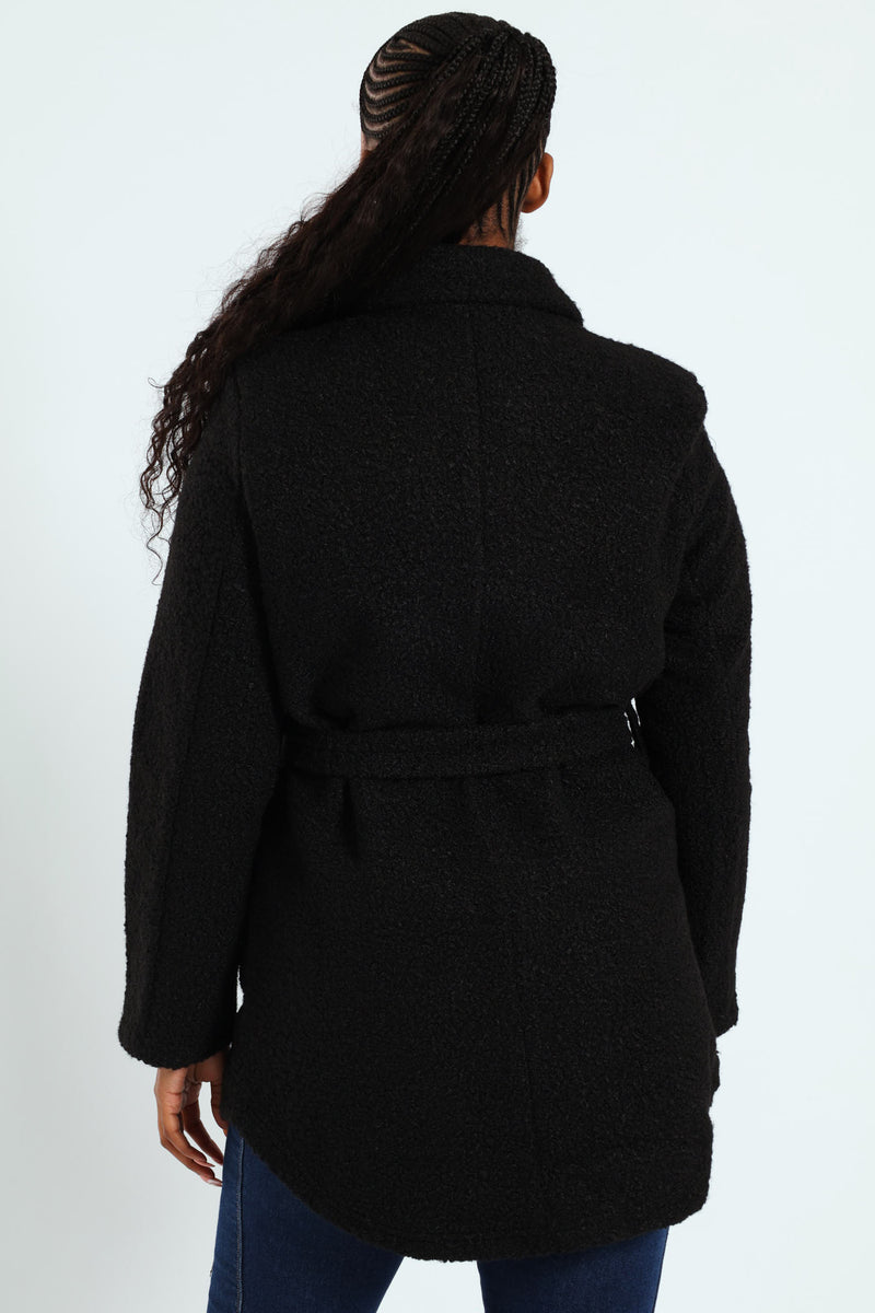 Belted Button Through Boucle Shacket - Black