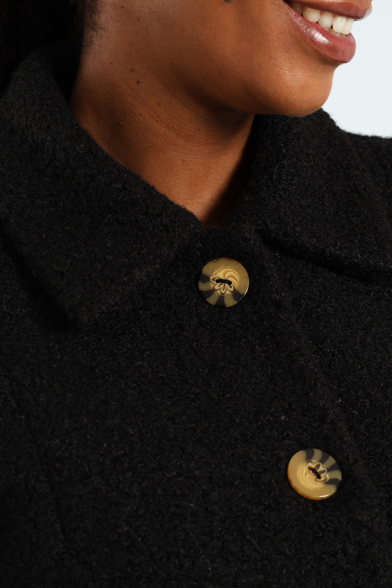 Belted Button Through Boucle Shacket - Black