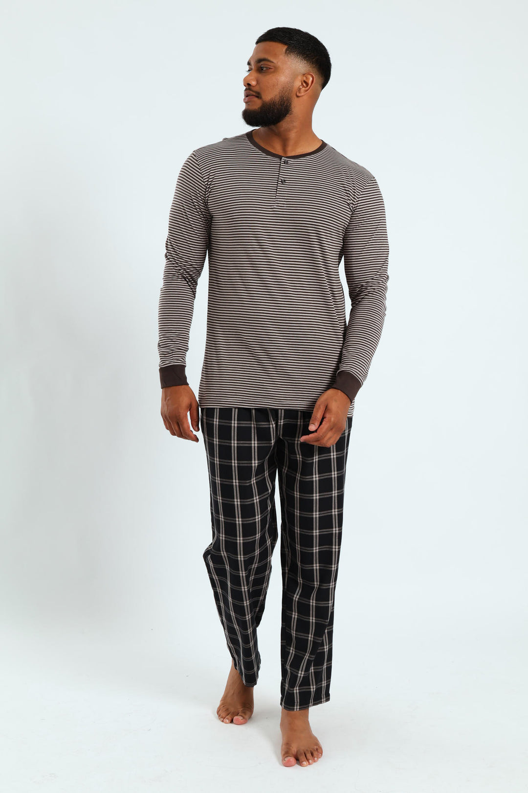 Narrow Stripe Long Sleeve Henley Tee - Charcoal