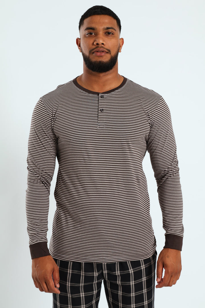 Narrow Stripe Long Sleeve Henley Tee - Charcoal