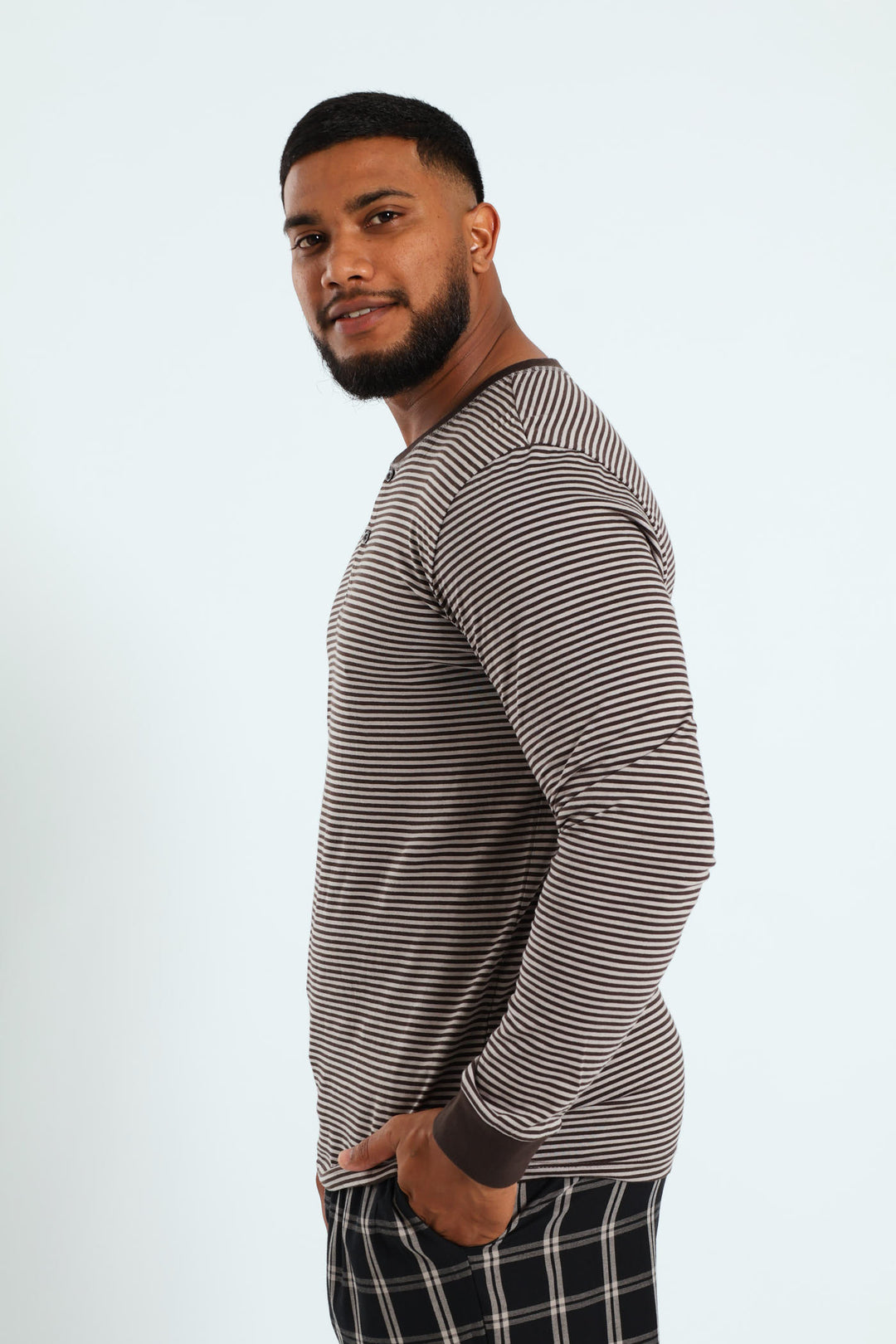 Narrow Stripe Long Sleeve Henley Tee - Charcoal