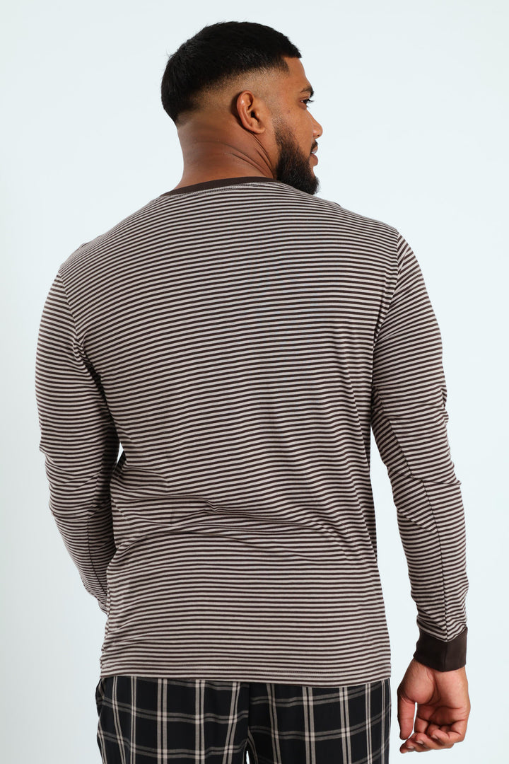 Narrow Stripe Long Sleeve Henley Tee - Charcoal