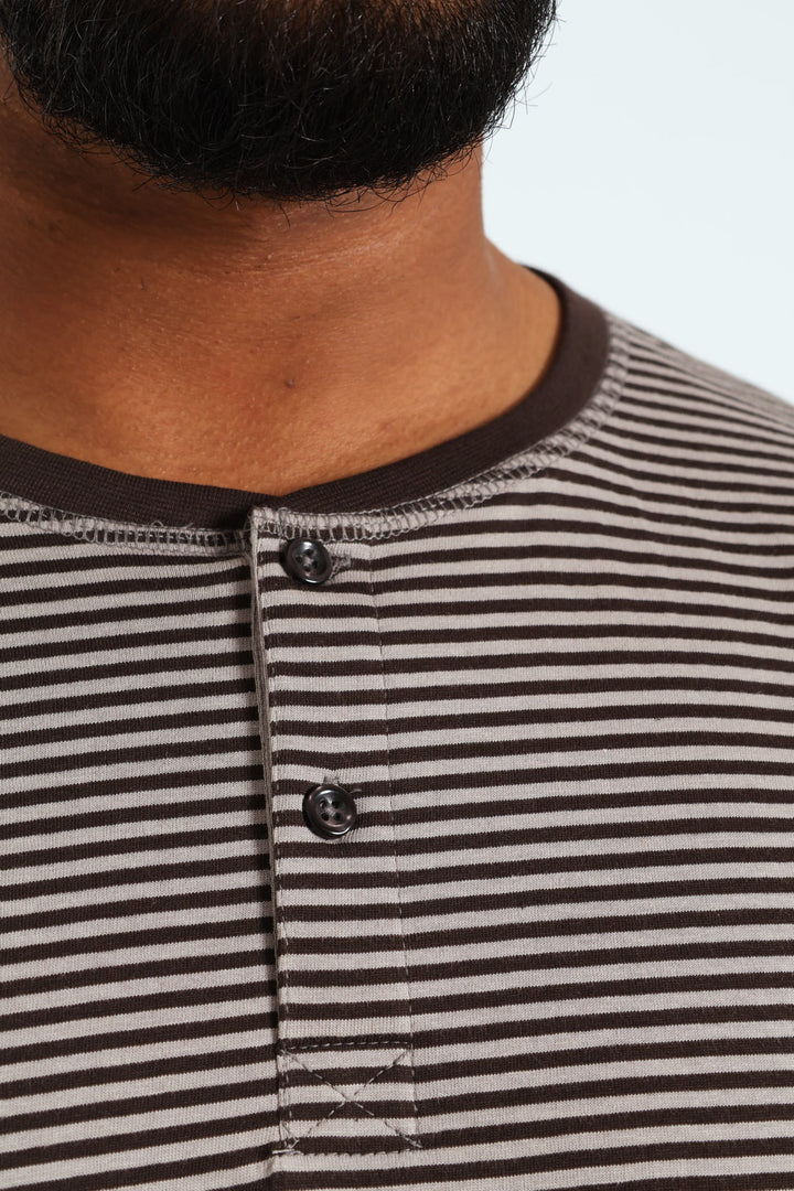 Narrow Stripe Long Sleeve Henley Tee - Charcoal