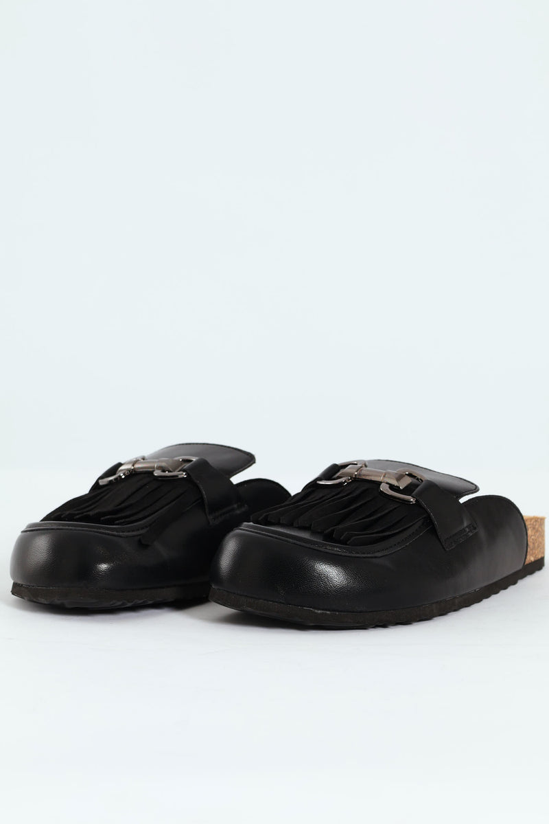 Push In Mule With Tassle Apron Detail - Black