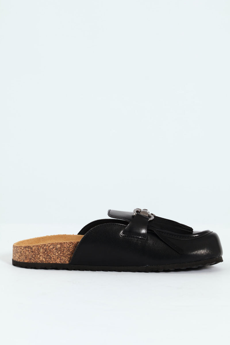 Push In Mule With Tassle Apron Detail - Black