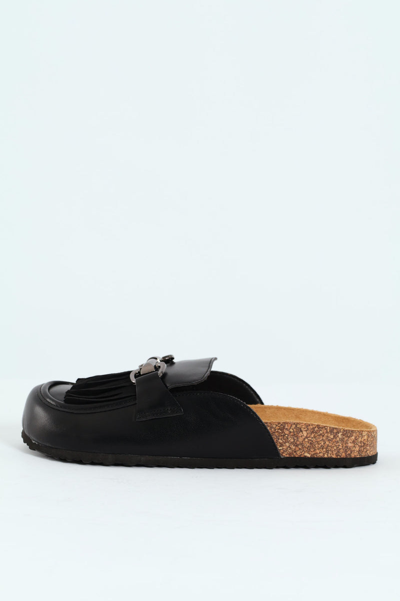 Push In Mule With Tassle Apron Detail - Black