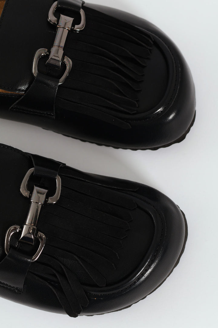 Push In Mule With Tassle Apron Detail - Black