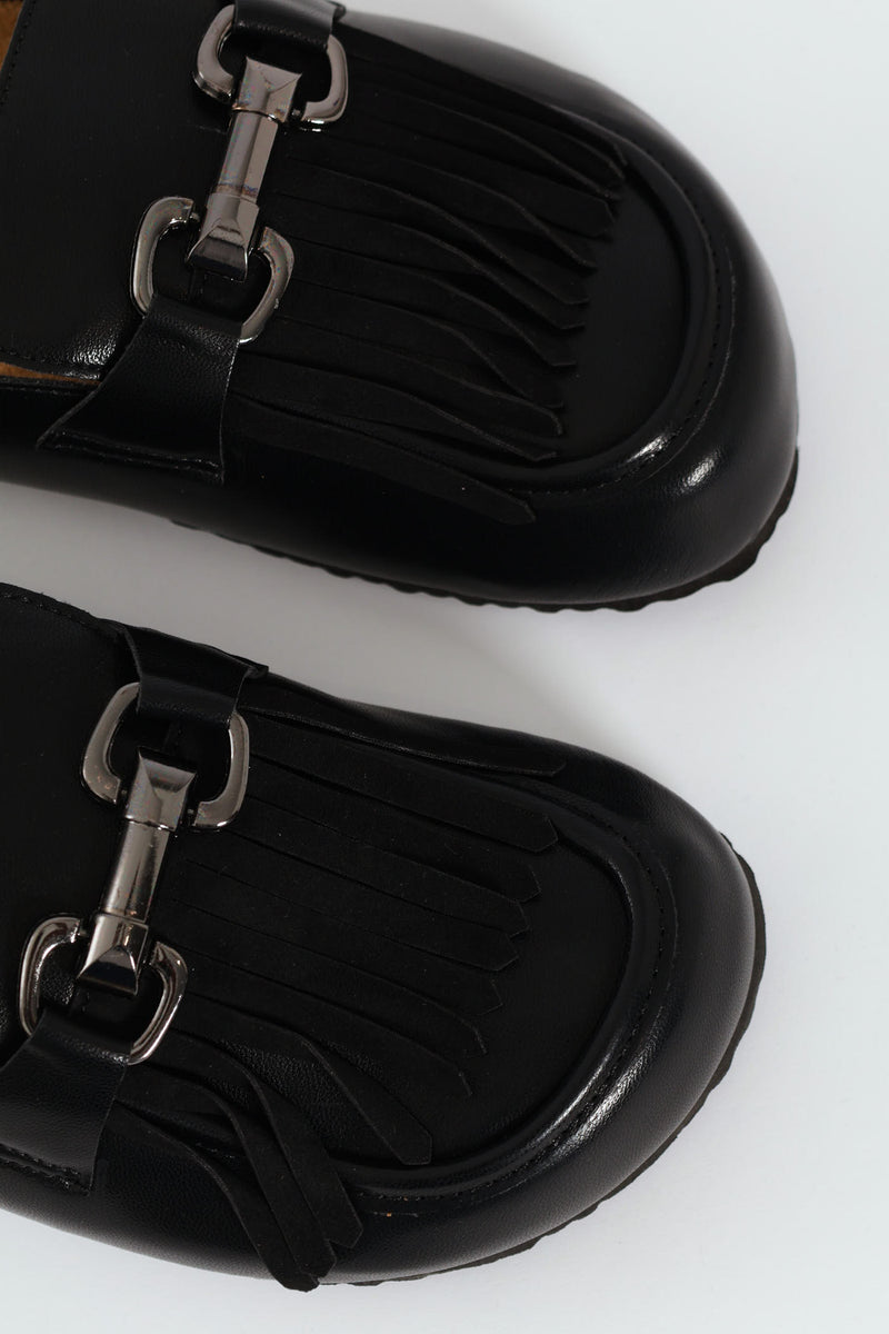 Push In Mule With Tassle Apron Detail - Black