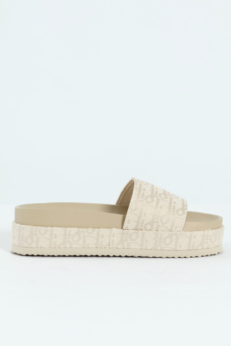 Monogram Printed Canvas Flatform Slide - Champagne