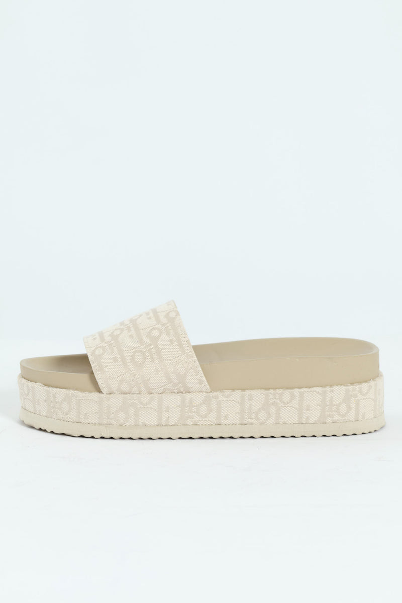 Monogram Printed Canvas Flatform Slide - Champagne