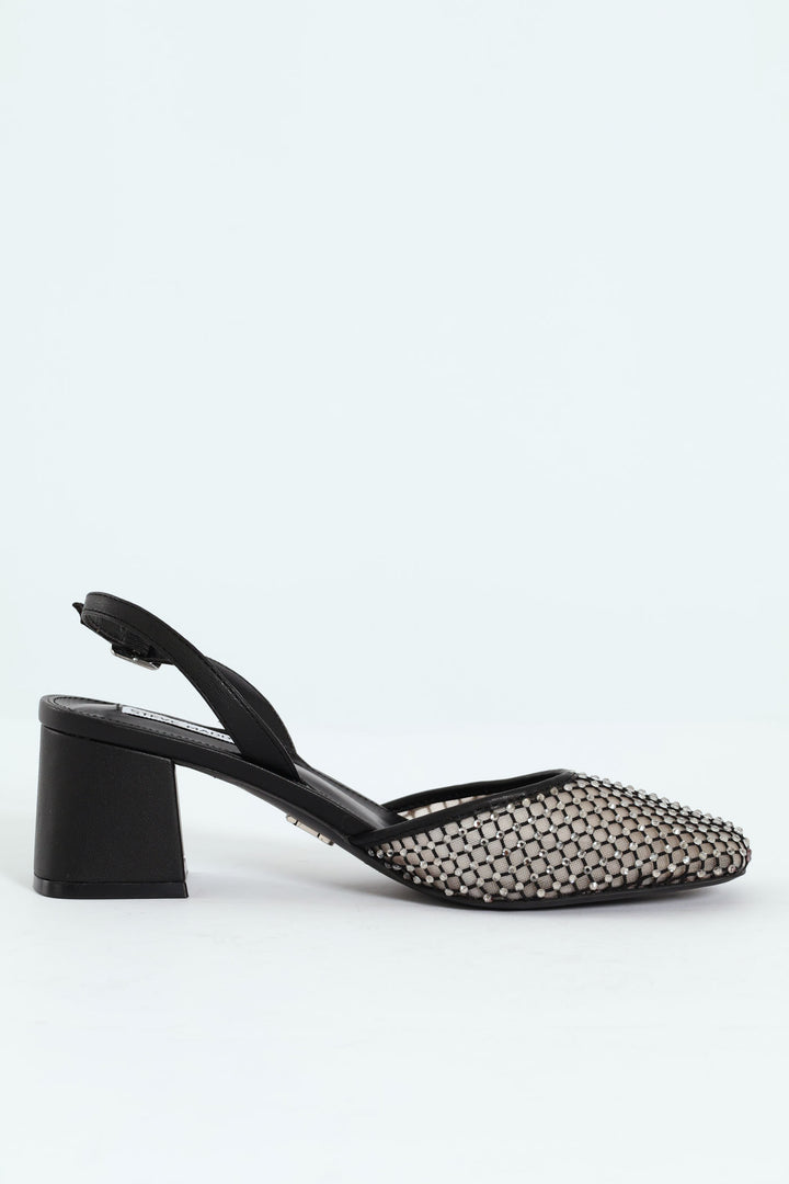 Network Mesh Almond Toe Slingback Block Heel - Black