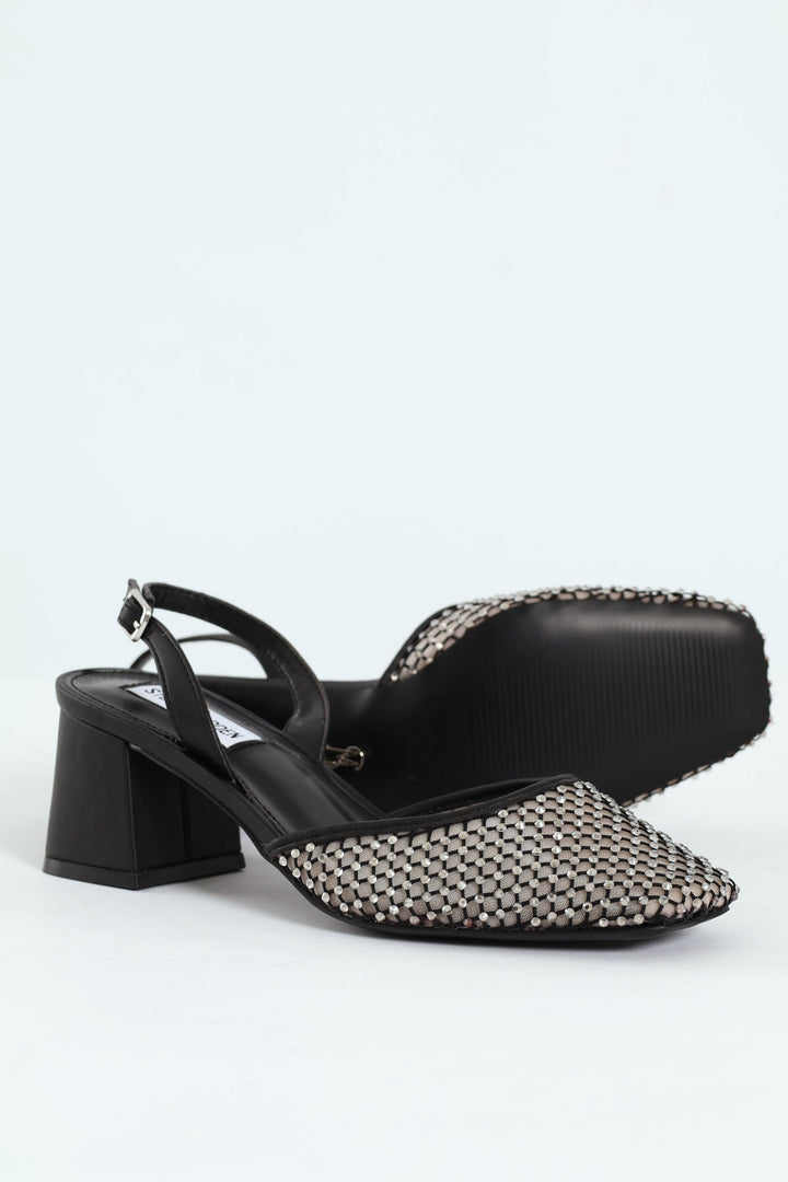 Network Mesh Almond Toe Slingback Block Heel - Black