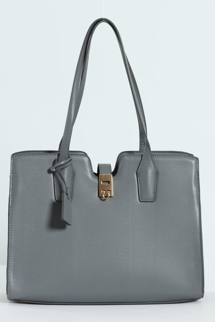 Large Gold Clasp Square Tote Bag - Grey