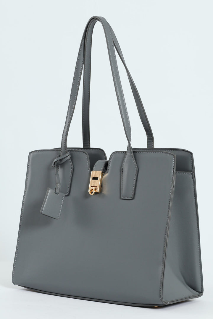Large Gold Clasp Square Tote Bag - Grey
