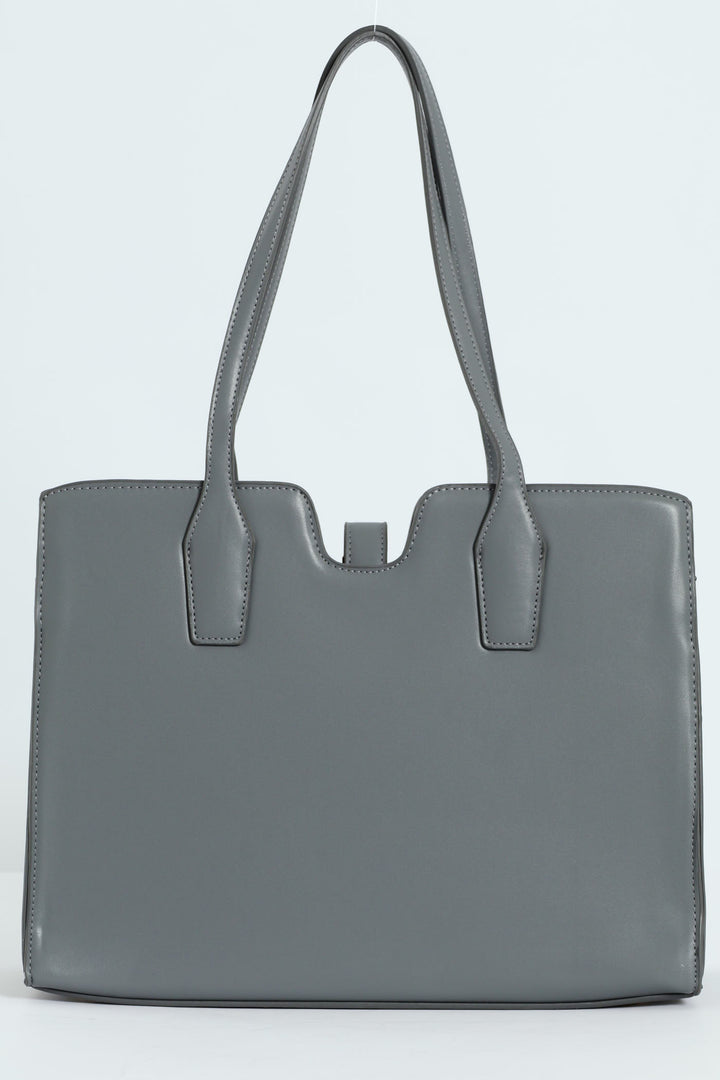 Large Gold Clasp Square Tote Bag - Grey