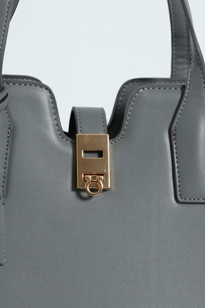 Large Gold Clasp Square Tote Bag - Grey