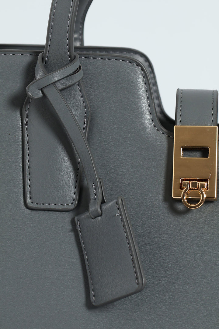 Large Gold Clasp Square Tote Bag - Grey