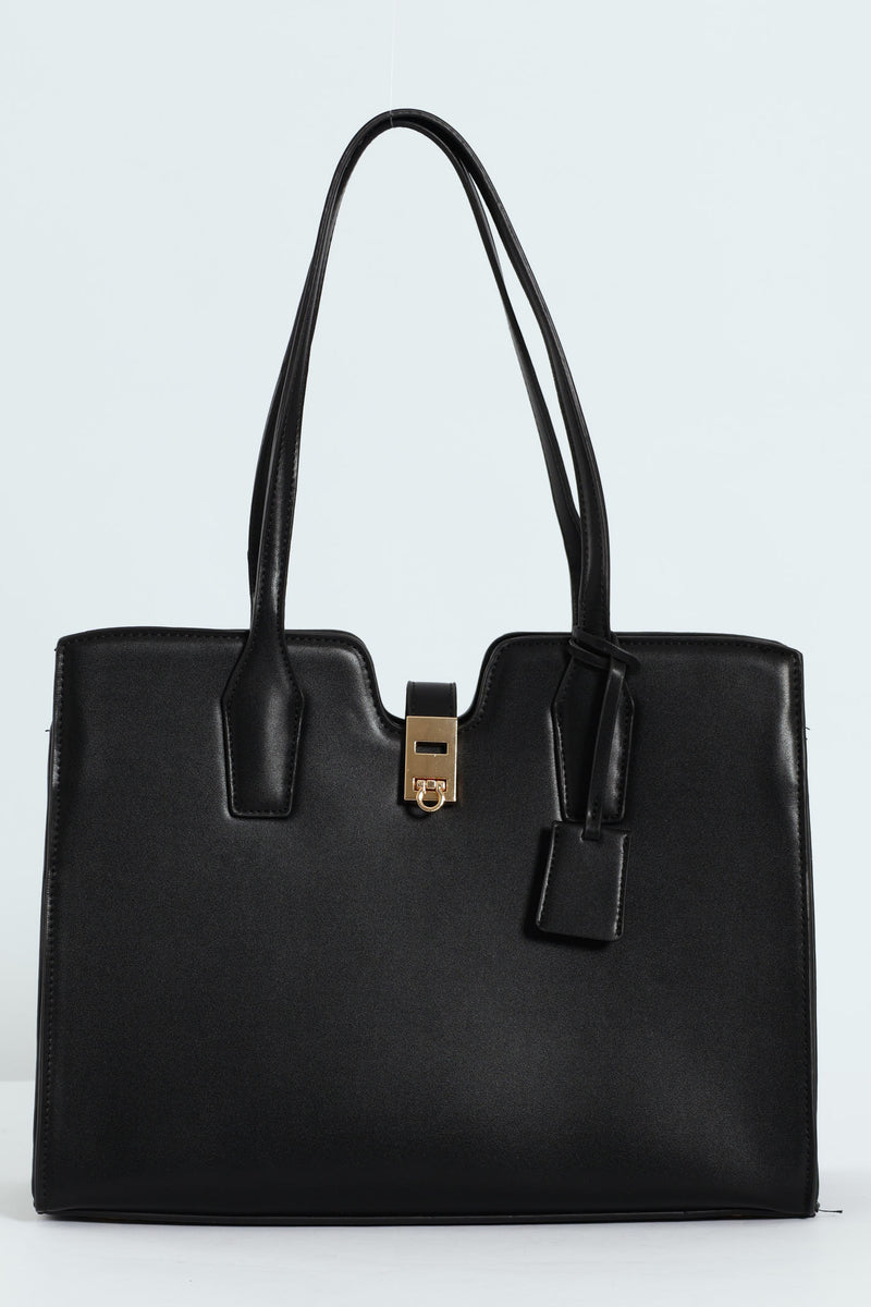 Large Gold Clasp Square Tote Bag - Black