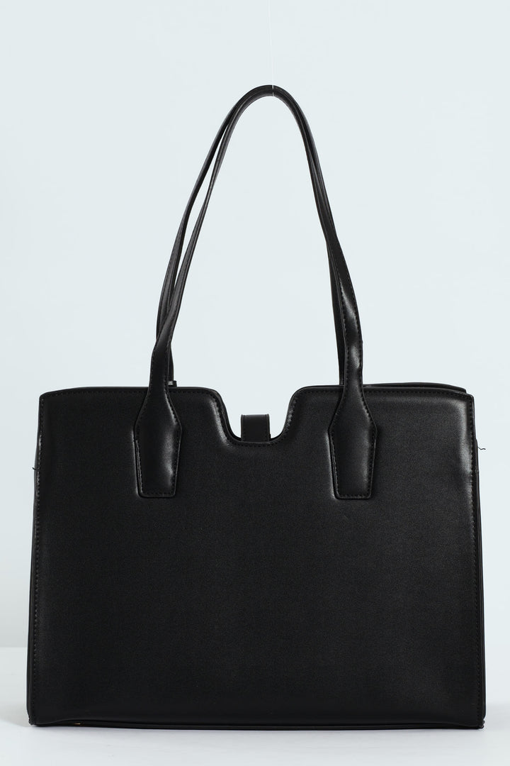 Large Gold Clasp Square Tote Bag - Black