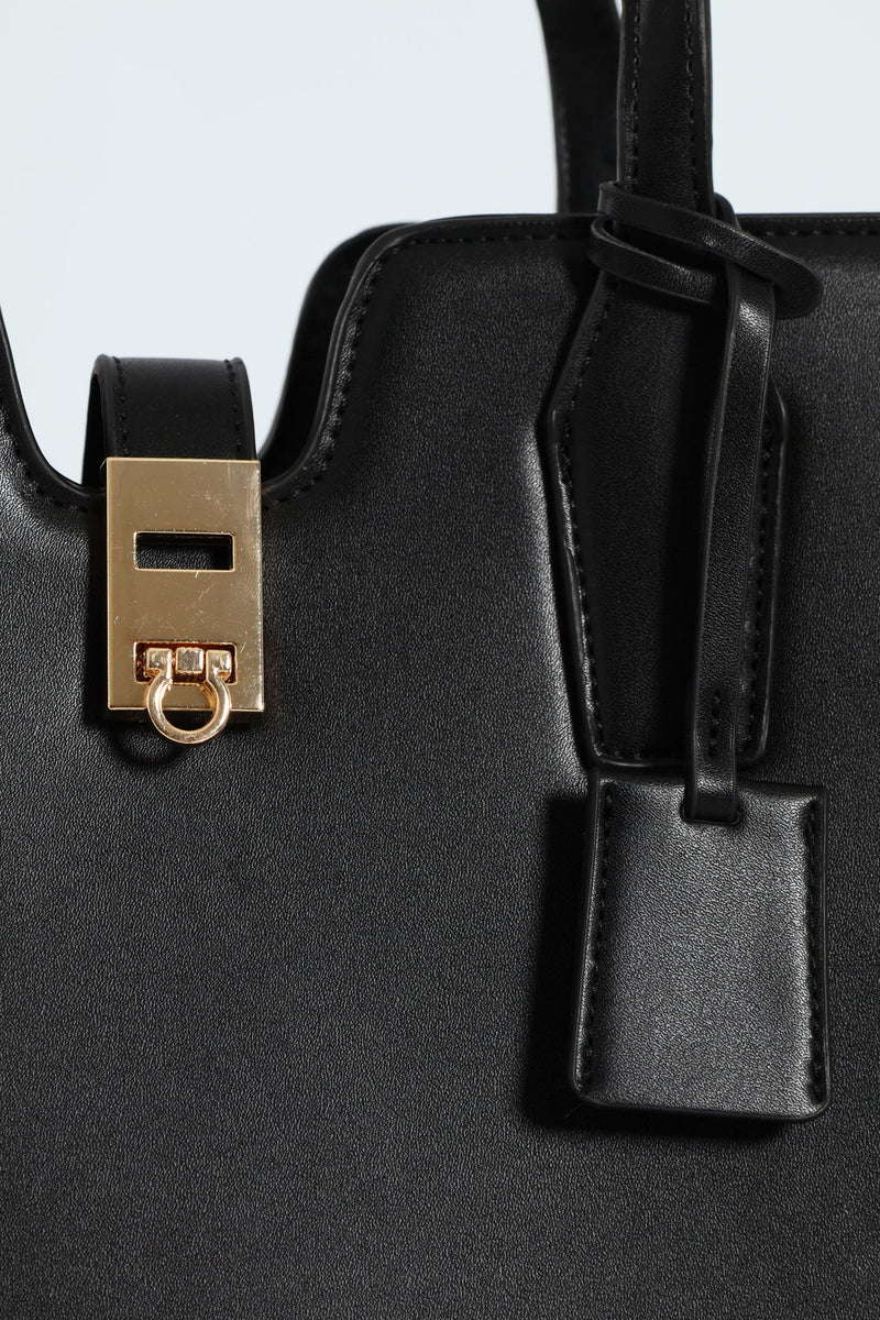 Large Gold Clasp Square Tote Bag - Black