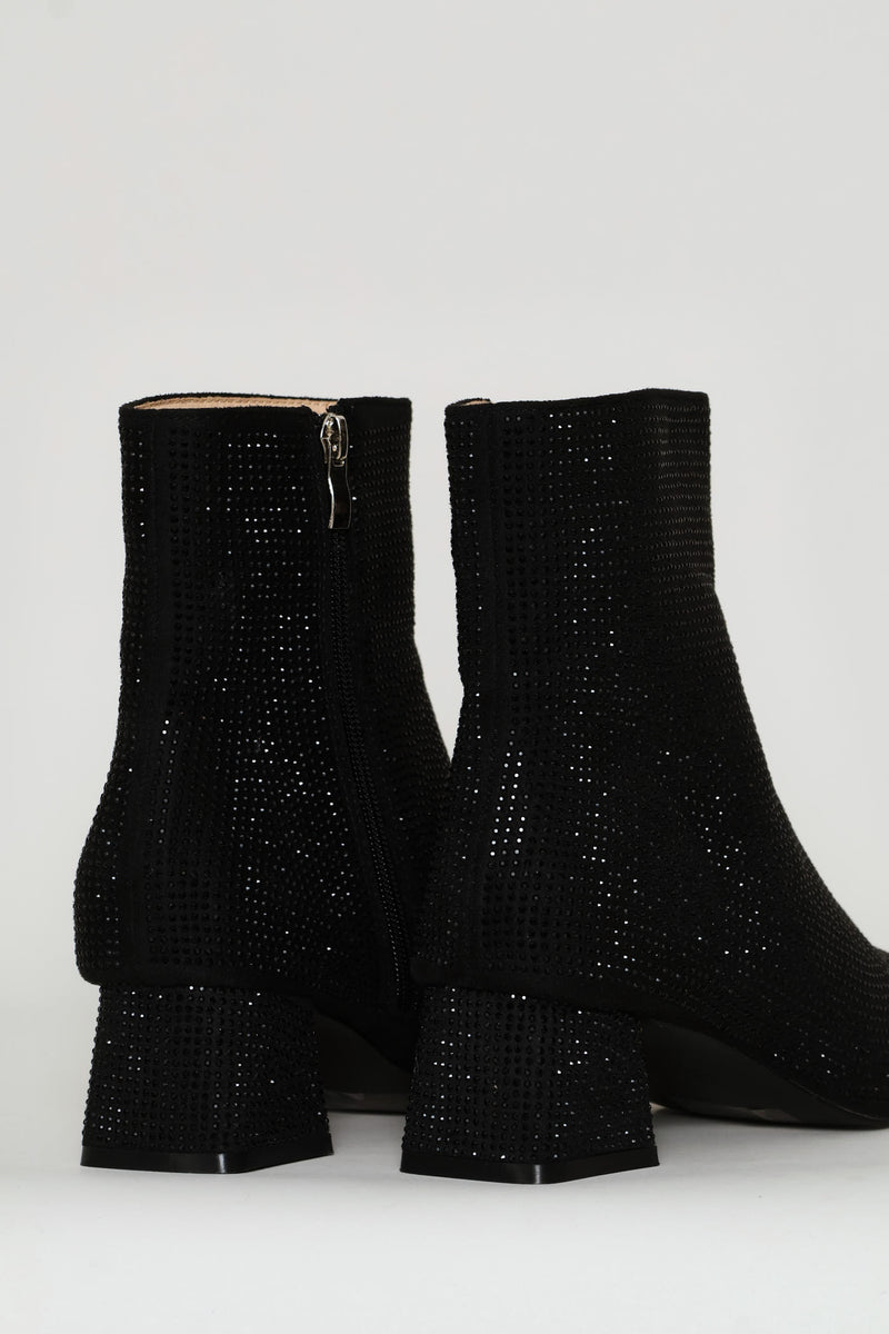Diamante Square Toe Boot - Black