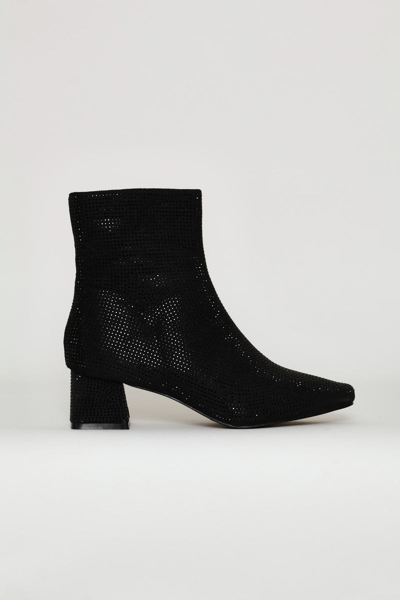 Diamante Square Toe Boot - Black