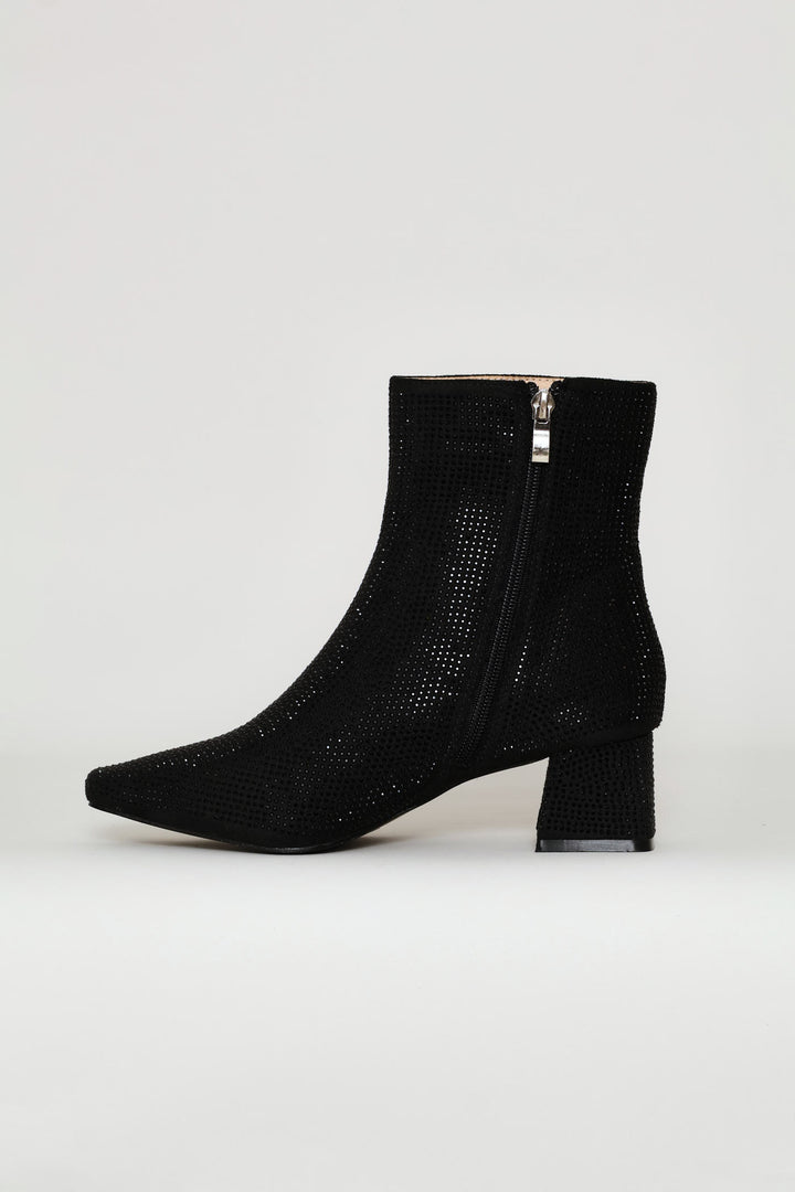 Diamante Square Toe Boot - Black
