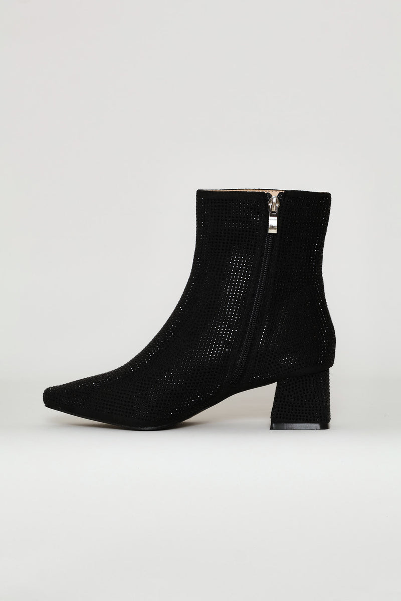 Diamante Square Toe Boot - Black