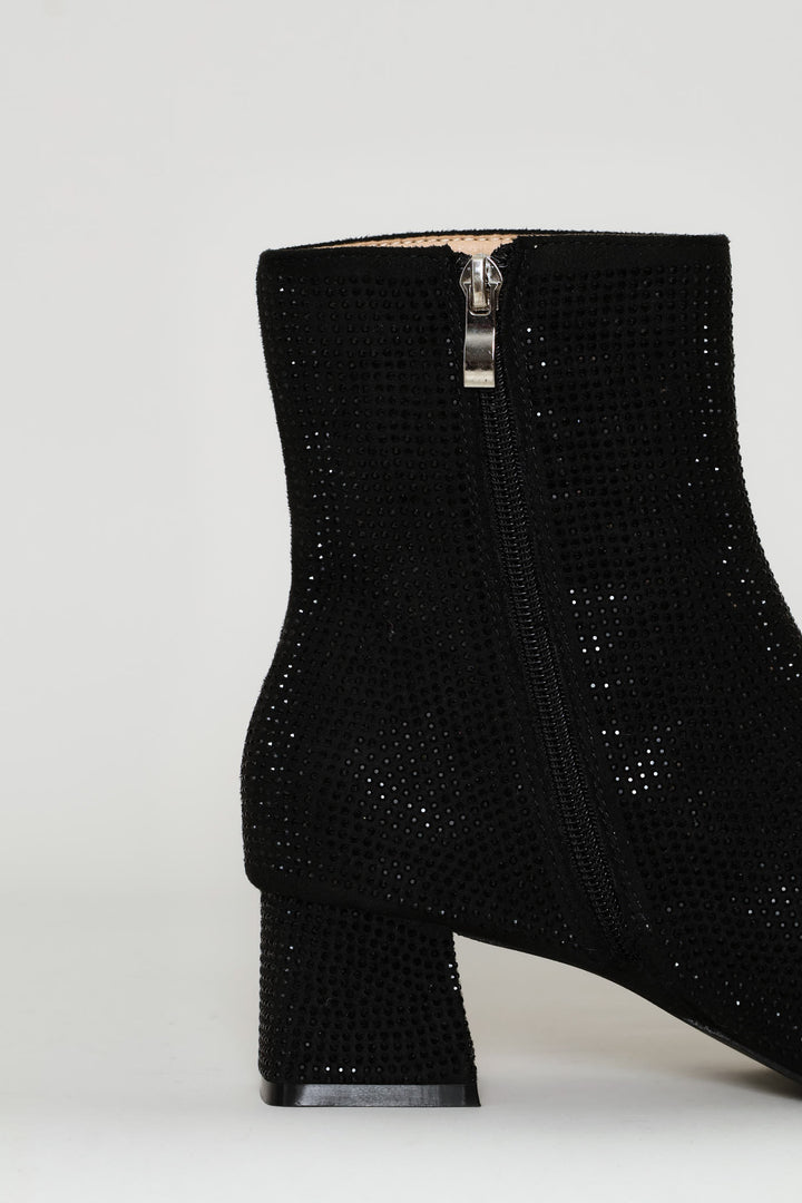 Diamante Square Toe Boot - Black
