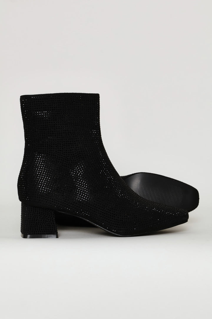 Diamante Square Toe Boot - Black