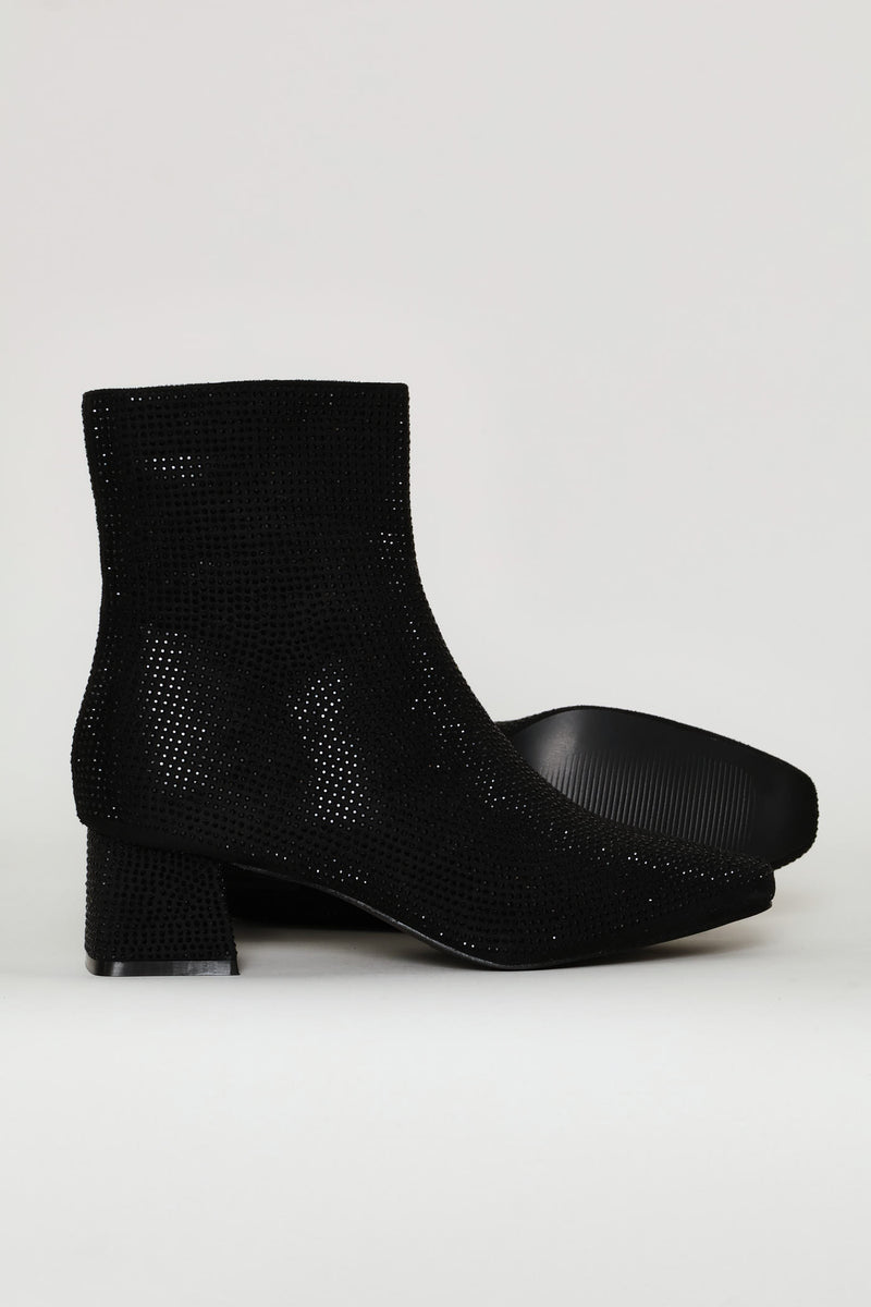 Diamante Square Toe Boot - Black