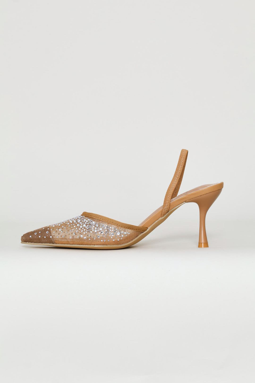 Mesh & Diamante Elastic Slingback Mule Heel - Natural