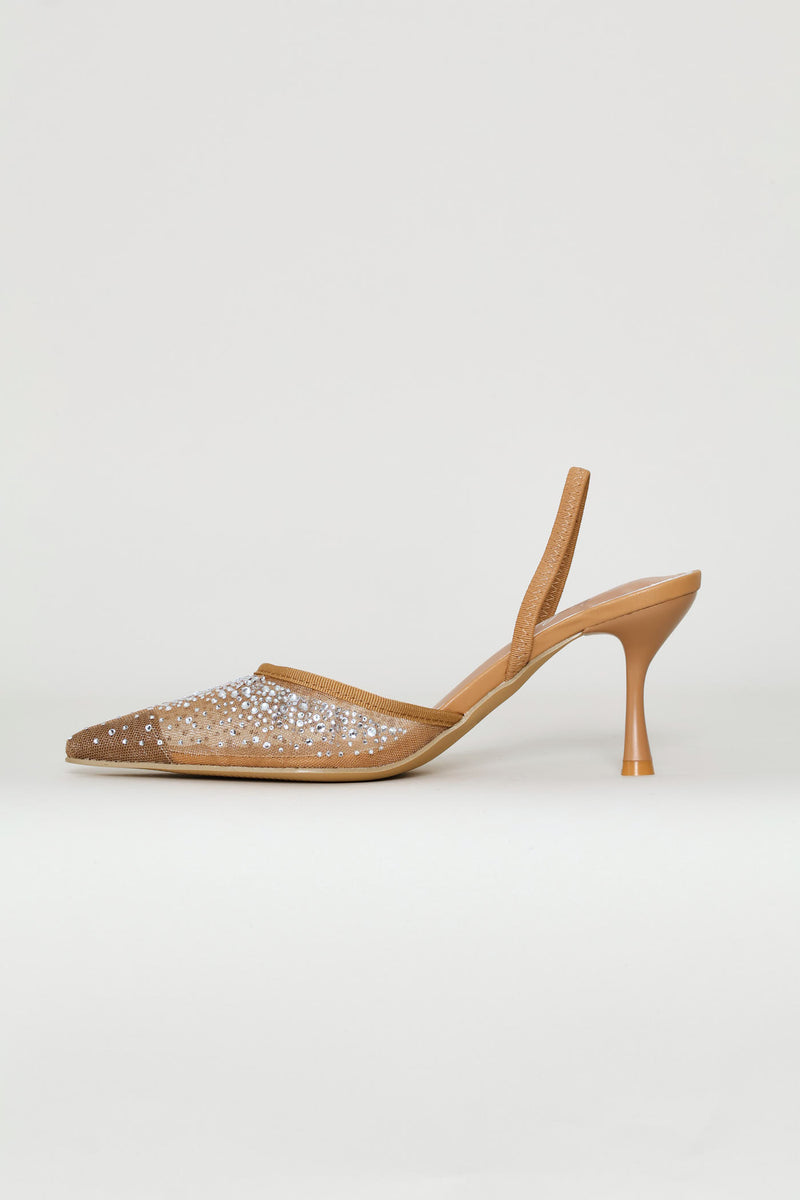 Mesh & Diamante Elastic Slingback Mule Heel - Natural