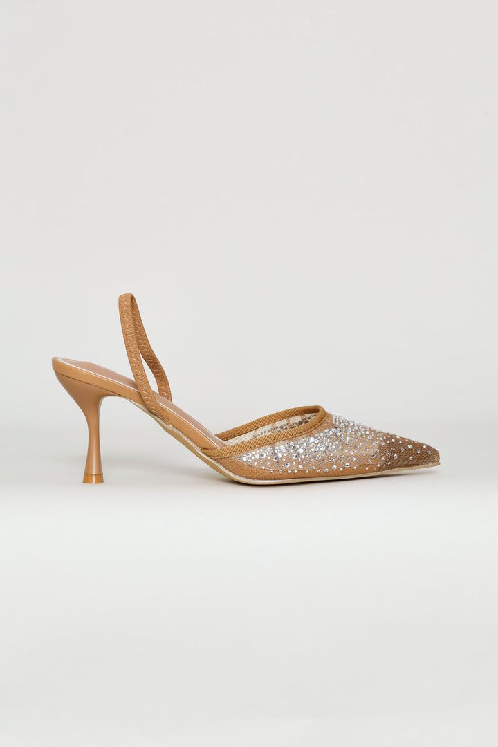 Mesh & Diamante Elastic Slingback Mule Heel - Natural