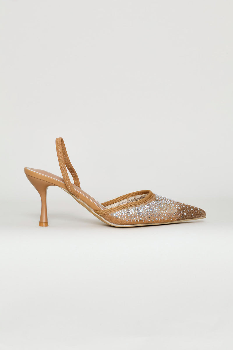 Mesh & Diamante Elastic Slingback Mule Heel - Natural