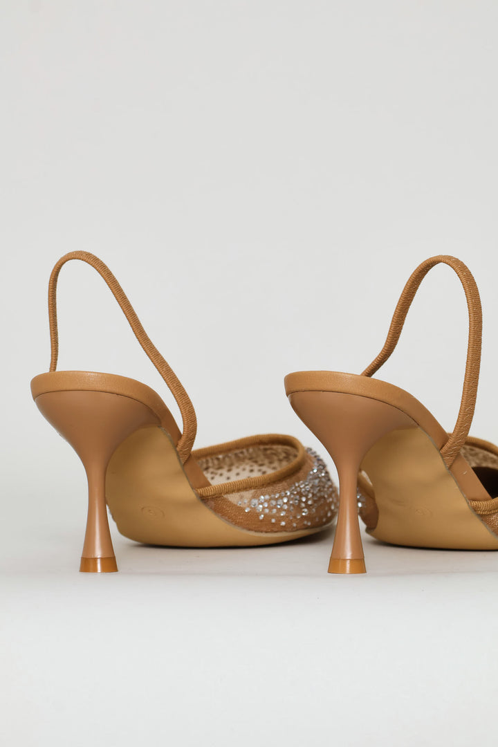 Mesh & Diamante Elastic Slingback Mule Heel - Natural