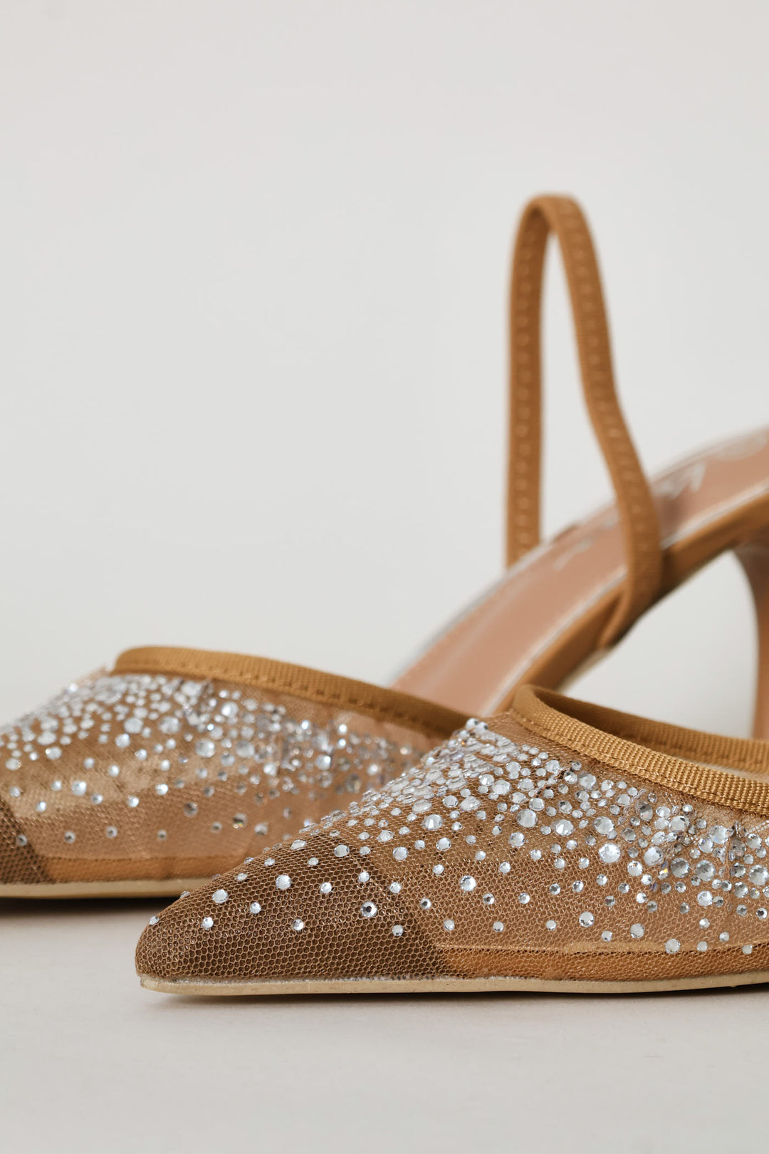 Mesh & Diamante Elastic Slingback Mule Heel - Natural