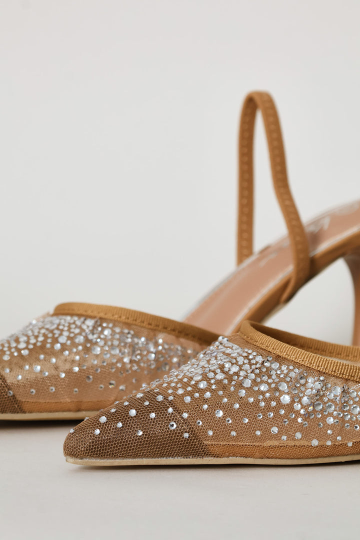 Mesh & Diamante Elastic Slingback Mule Heel - Natural