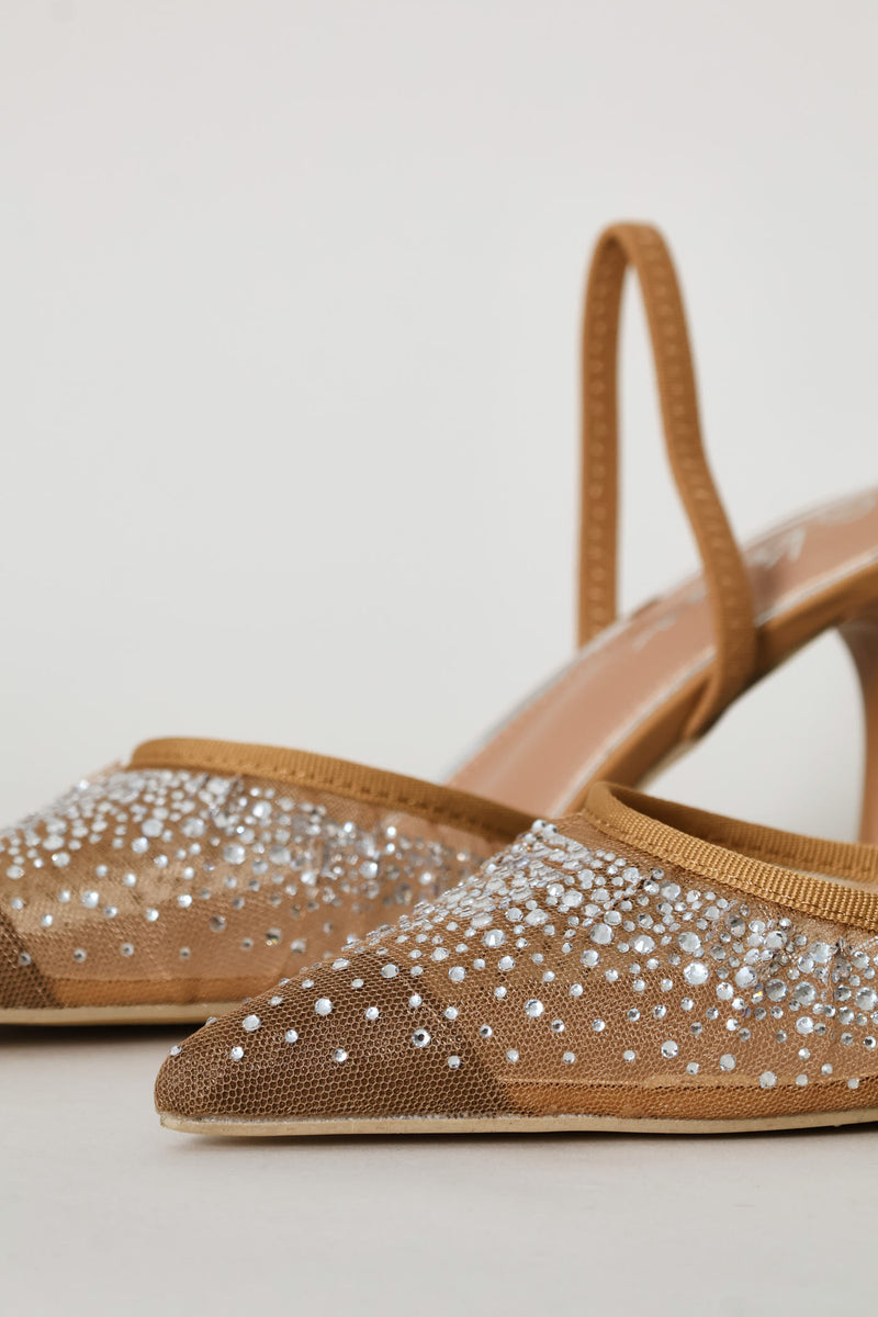 Mesh & Diamante Elastic Slingback Mule Heel - Natural