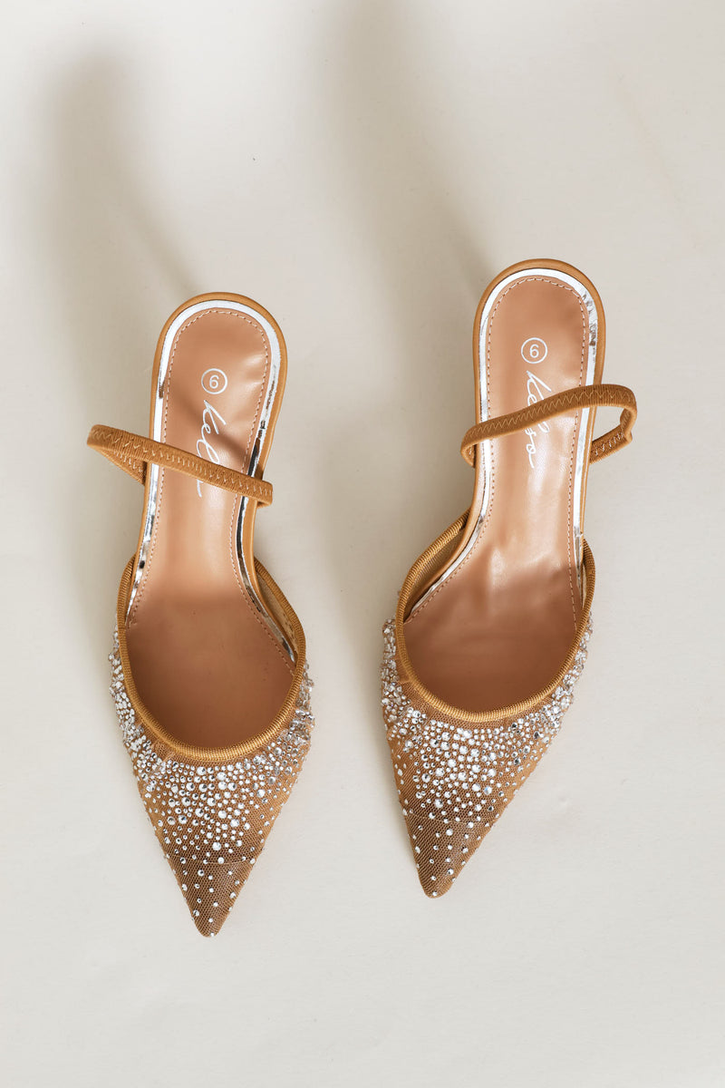 Mesh & Diamante Elastic Slingback Mule Heel - Natural