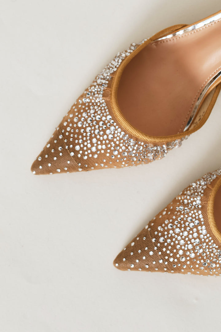Mesh & Diamante Elastic Slingback Mule Heel - Natural