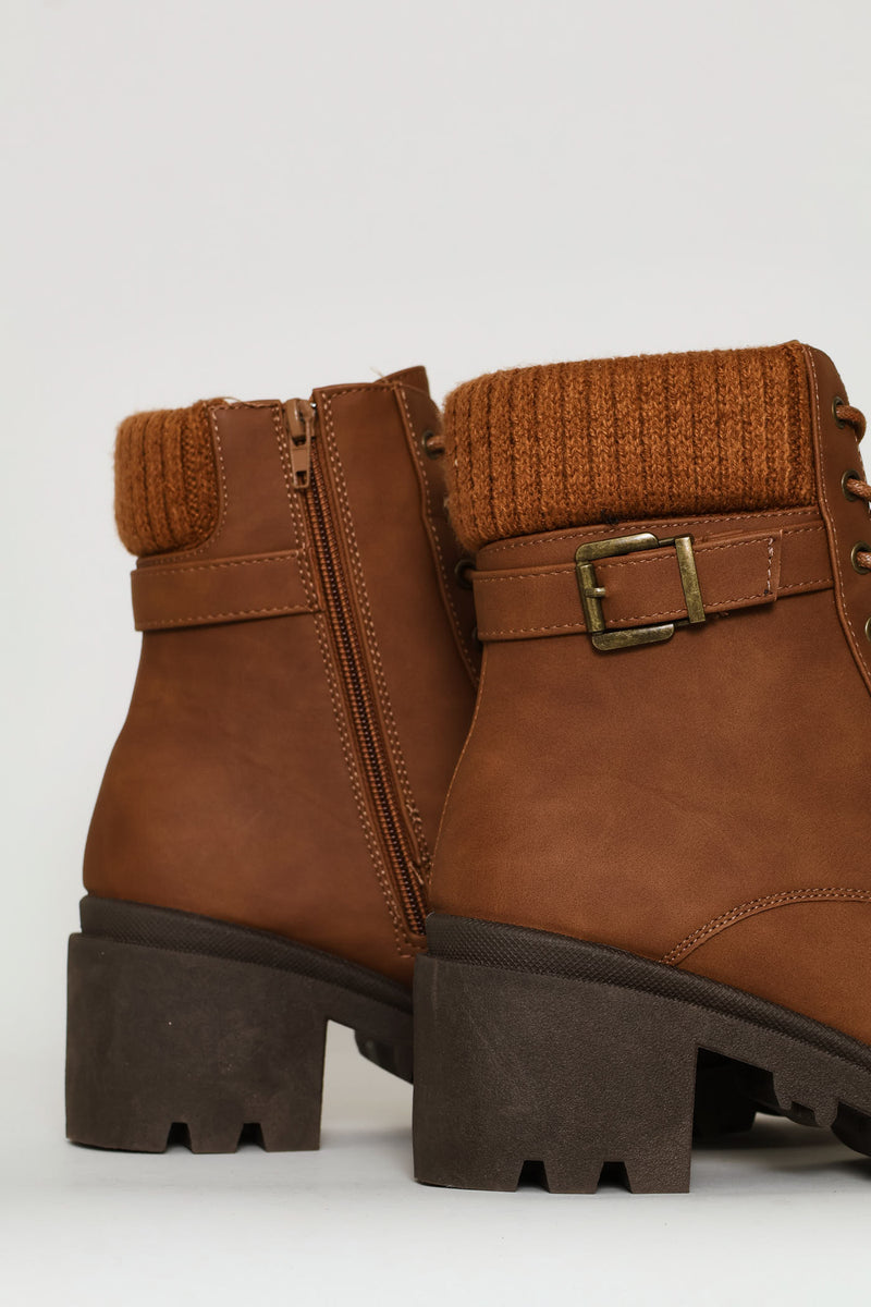 Sock Detail Chunky Military Boot - Tan